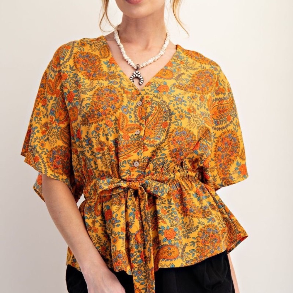 NEW EASEL PAISLEY PRINTED CREPE PEPLUM TOP BLOUSE SMALL BOHO RELAXED FIT